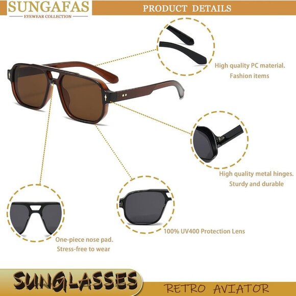 Retro Square Aviator Sunglasses Women Men Vintage 70s Fashion UV Protection - Picture 4 of 6